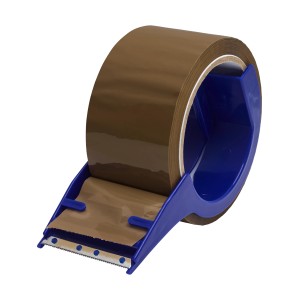Packband-Abroller mit braunem Klebeband für sicheres Verpacken.