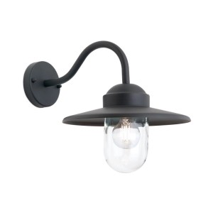 Anthrazitfarbene Orion Außen Wandleuchte im Vintage-Stil mit gebogenem Arm, breitem Schirm und Glaskuppel.