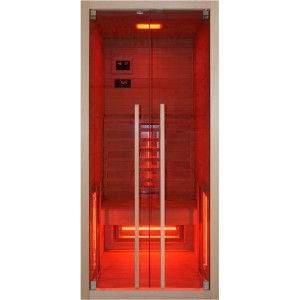 Sanotechnik Infrarotkabine Ruby 1 für 1 Person aus Hemlock-Holz mit Glasfront und roter Beleuchtung.