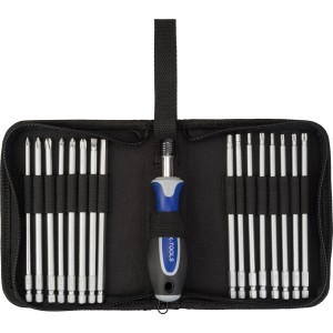 LUX Langbit-Set Comfort Nylon in geöffneter Tasche mit Schraubendreher und Bits.