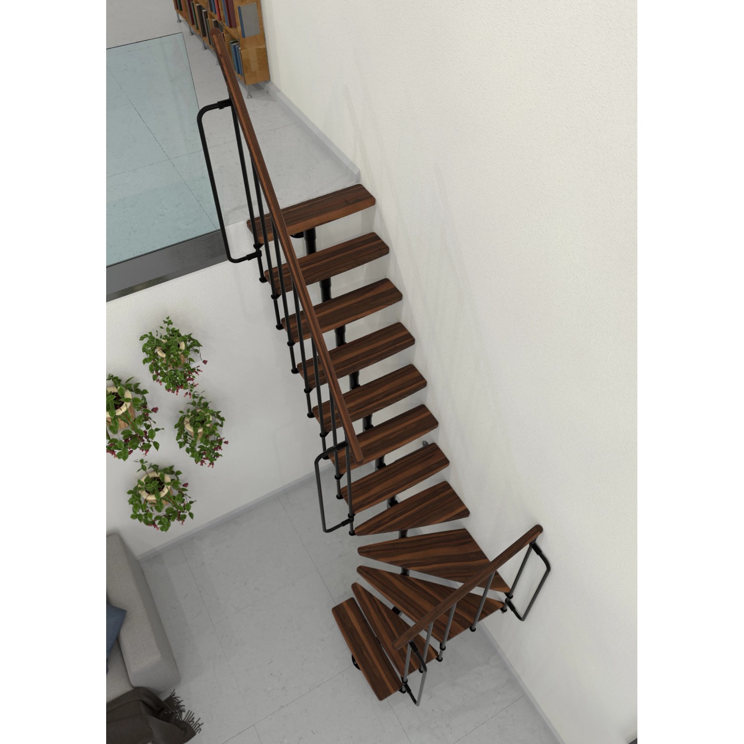 Minka Raumspartreppe Joker Turn, Walnuss/Schwarz, gewendelt. Innentreppe mit Holzstufen und Metallgeländer.