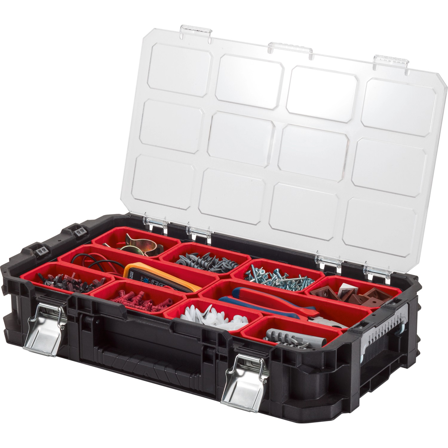 Keter Connect Cantilever Organizer, offene Aufbewahrungsbox mit transparentem Deckel und roten Fächern.