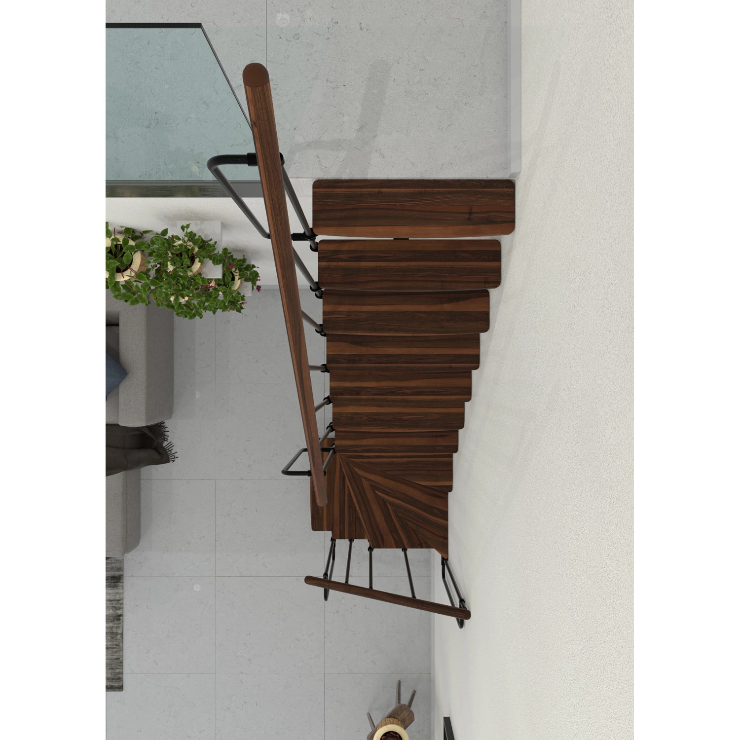 Minka Raumspartreppe Joker Turn, Walnuss/Schwarz, von oben. Innentreppe mit 90°-Wendelung.