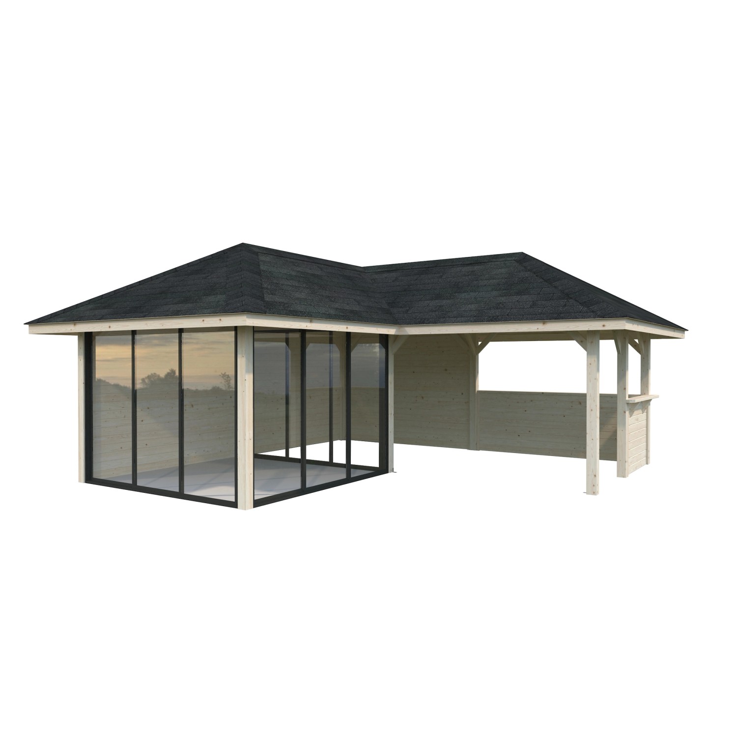 Palmako Pavillon Bianca Set210 mit Schiebetüren und Tresen, naturbelassen.