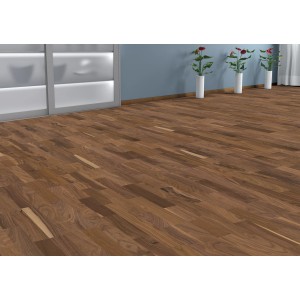 Verlegtes Living by Haro Parkett Nussbaum Schiffsboden im Raum.