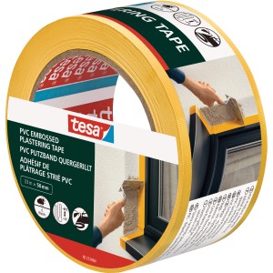 Gelbes Tesa PVC Putzband, 33 m x 50 mm, für den Außenbereich.