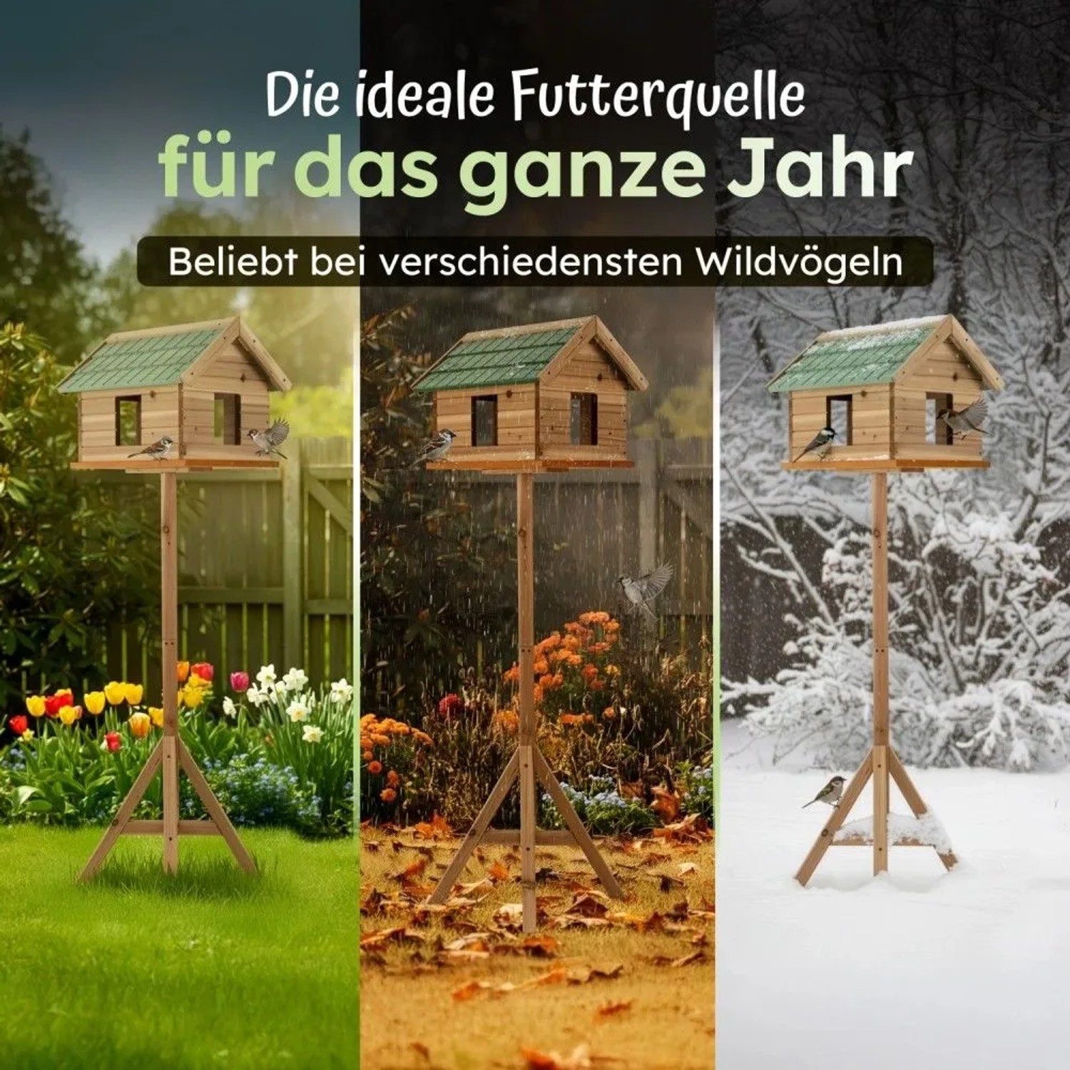 Moorland Vogelhaus aus Holz mit Ständer, passend für jede Jahreszeit.