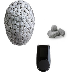 Palmako Saunaofen Huum Drop 6 kW mit Steinen und Steuerkonsole für finnische Sauna.