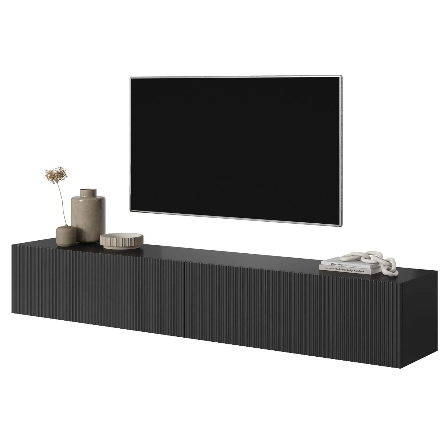 Schwarzes Selsey TV-Hängeboard Veldio mit Lamellenfront unter einem Fernseher. Modernes Design für Wohnzimmer.