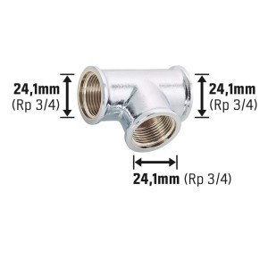 Verchromtes Messing Gewinde-T-Stück 24,1 mm (Rp 3/4) für Heizung und Trinkwasserinstallation.