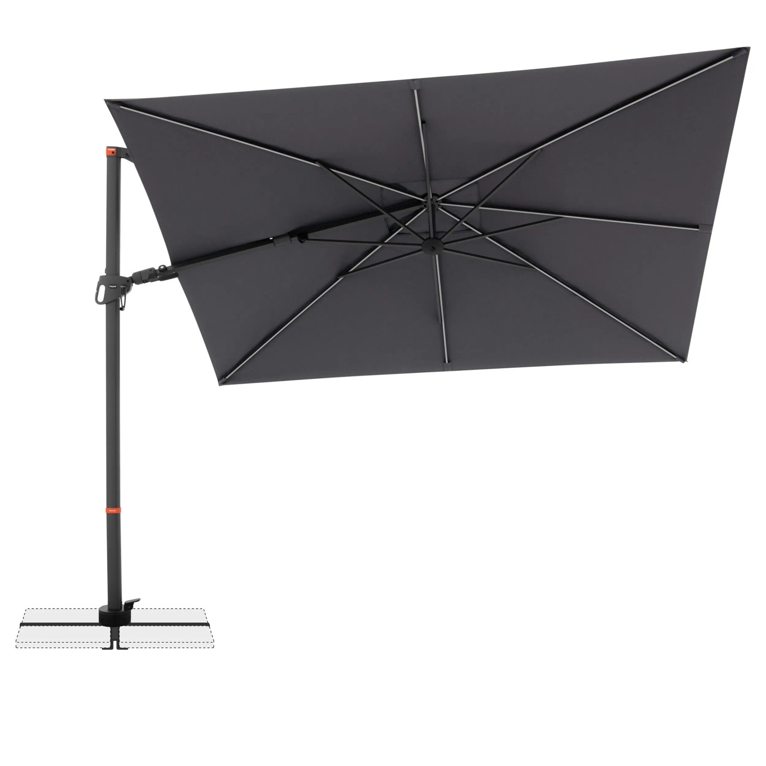 Dunkelgrauer rechteckiger Ampelschirm mit Dreh- & Neigungsfunktion, ideal für Garten & Terrasse.
