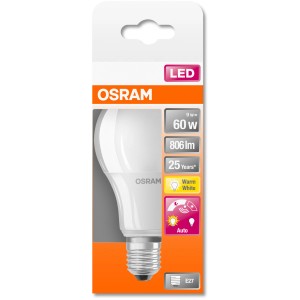 Osram LED-Lampe E27, 9W, Glühlampenform, matt, warmweiß, für energiesparende Beleuchtung.