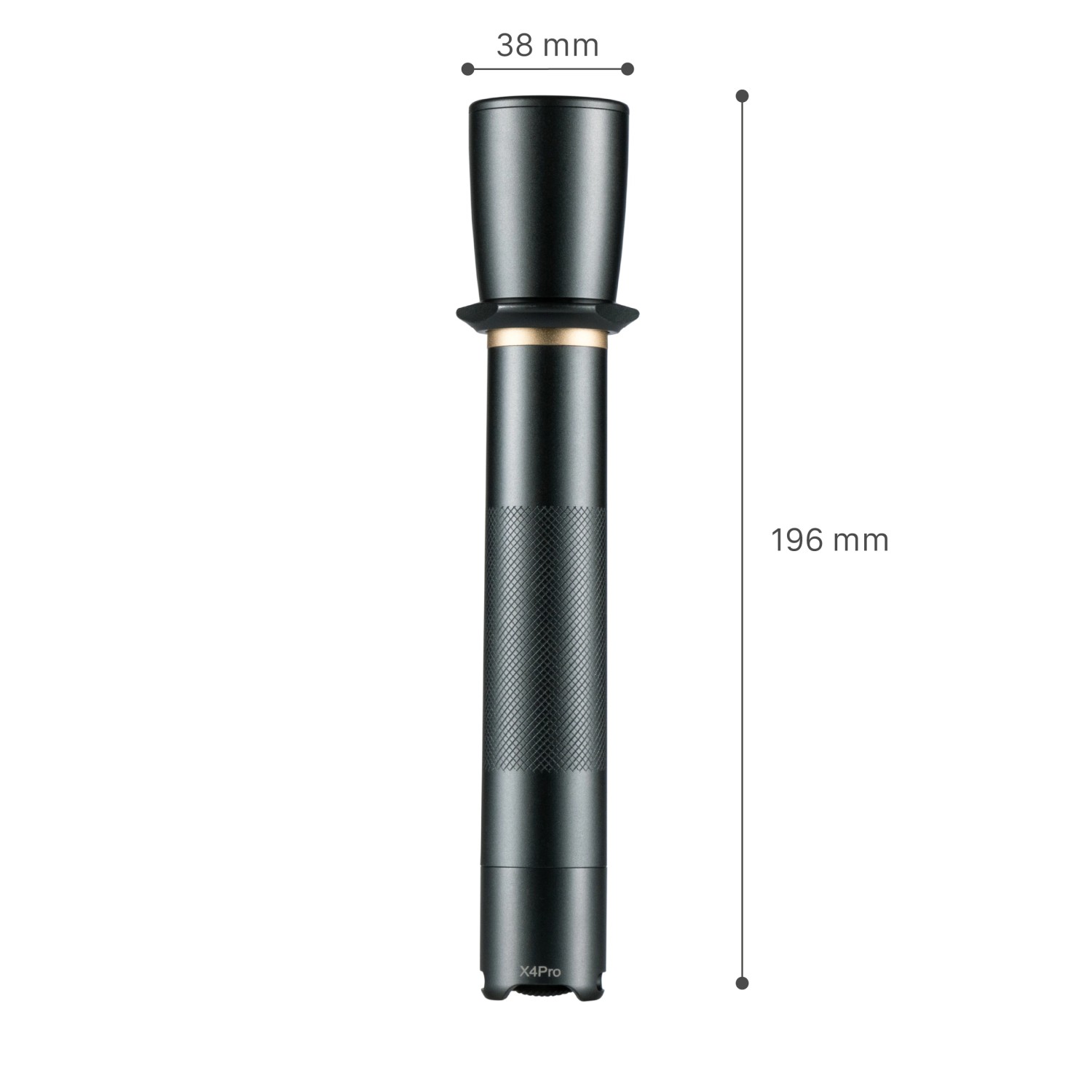 LED's Work Taschenlampe, 900lm, dimmbar und zoombar, mit Maßangaben.