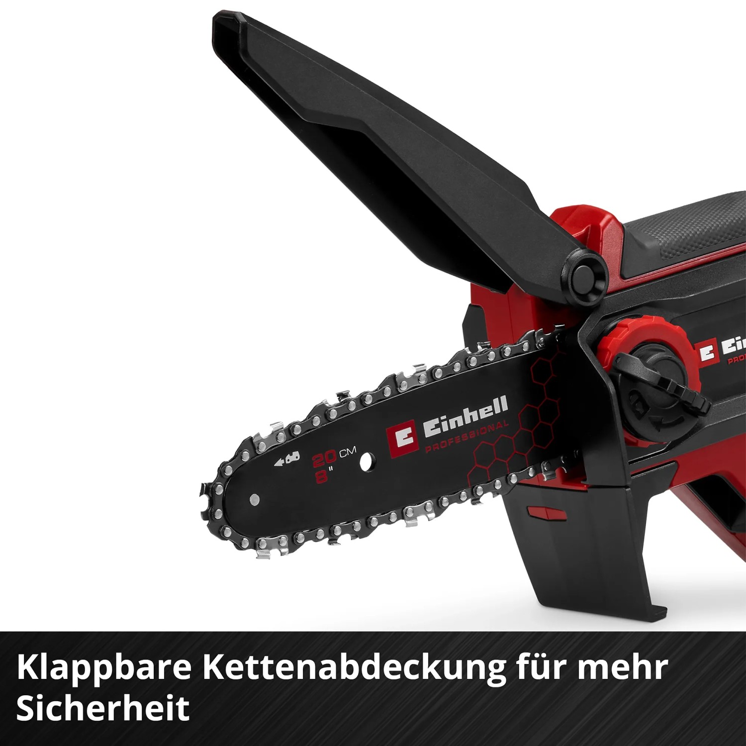 Einhell Akku-Astkettensäge GP-PS 18/20 Li BL-Solo mit klappbarer Kettenabdeckung.