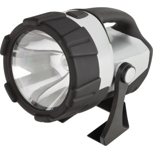 Schwarz-silberner LED Handstrahler mit Standfuß für Garten, Haus oder Camping.