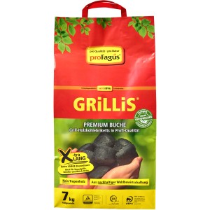 proFagus Grillis Buchengrill-Holzkohlebriketts im 7 kg Sack. Premium Grillkohle für lange Grillabende.