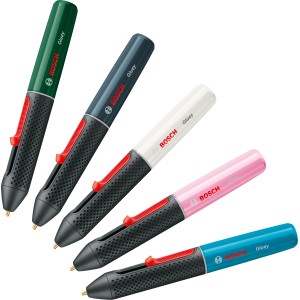 Bosch Gluey Heißklebestifte in verschiedenen Farben: Grün, Grau, Weiß, Rosa und Türkis.