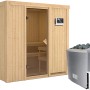 Karibu Sauna-Set Bjarne mit Edelstahl-Ofen und Steuerung. Massivholzsauna aus Fichte mit Glastür und Ofen.