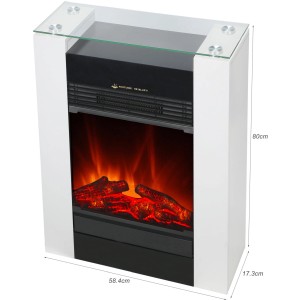 Weißer EL Fuego Elektrokamin Tessin mit Heizung und Glasplatte. Dimmbares Kaminfeuer.