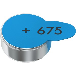 Varta 675 Hörgerätebatterie, Typ 675, mit blauem Aufkleber.