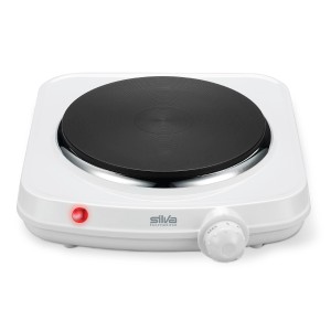 Weiße Silva-Homeline Einzelkochplatte EK 1018 mit schwarzer Kochfläche und Temperaturregler.