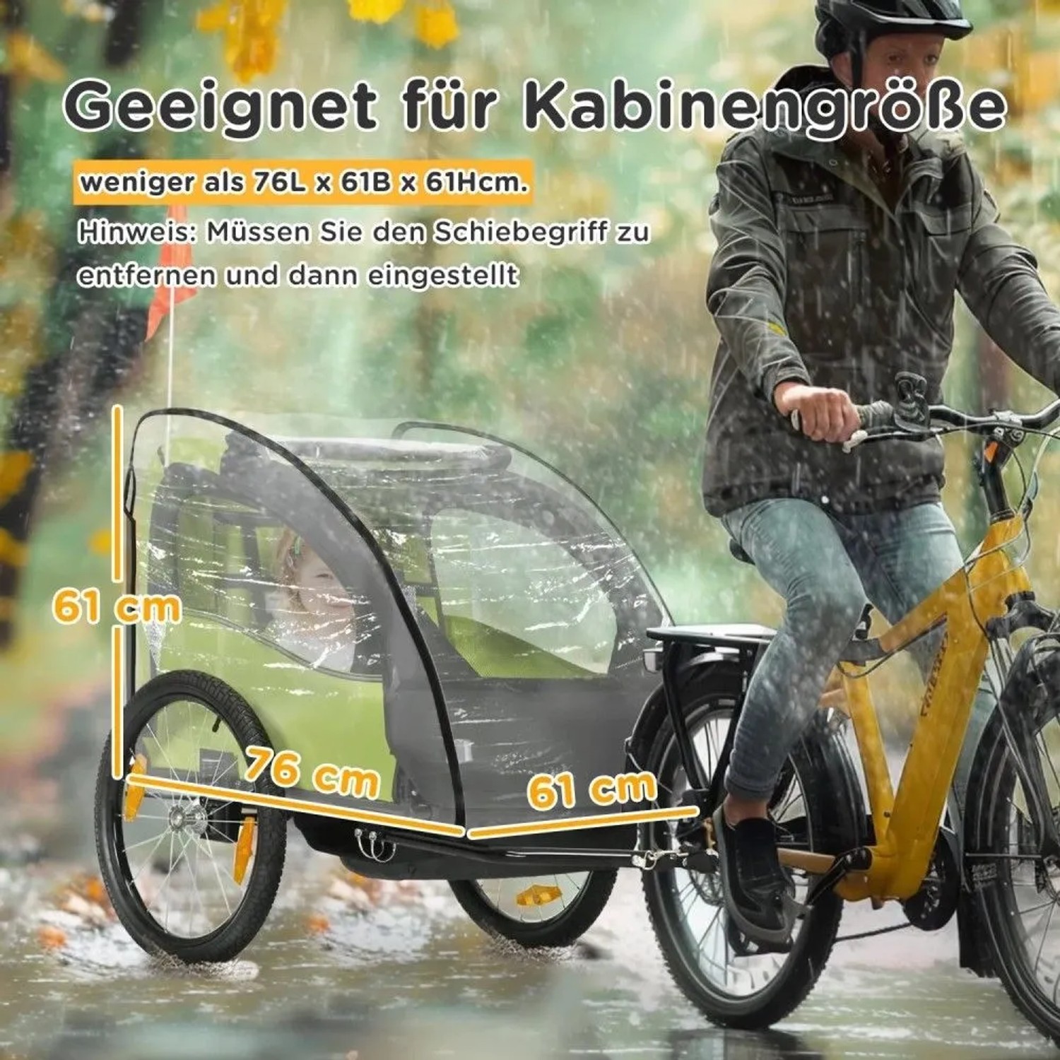 Transparenter HOMCOM Regenschutz für Kinderfahrradanhänger im Regen. Maße 76x61x61 cm. Schützt Kinder vor Nässe.
