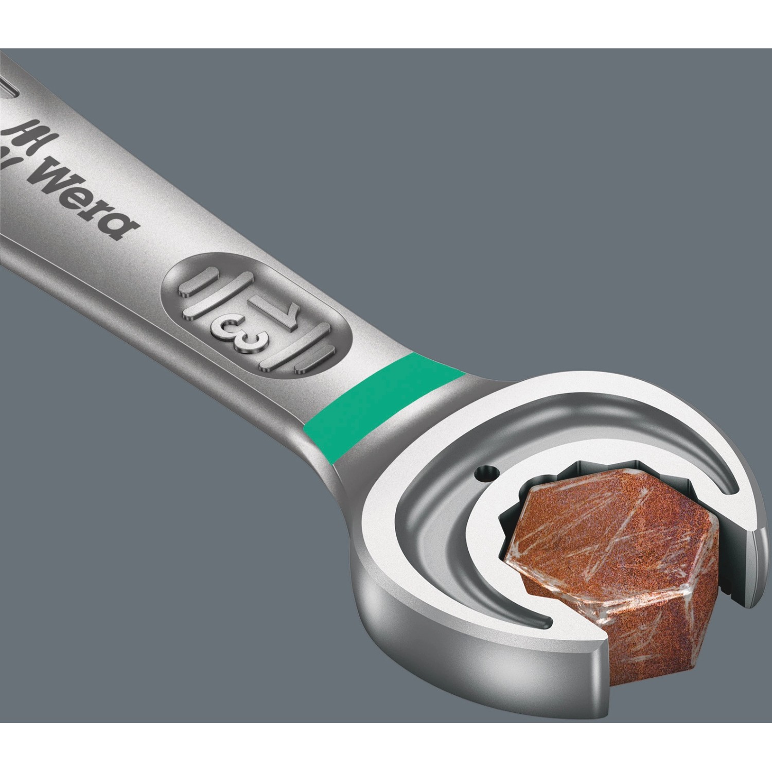 Wera Maul-Ringratschenschlüssel Joker 13 mm im Detail, mit Schraube im Maul.