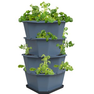 Blaues Gusta Garden Anzuchtsgefäß Paul Potato, 4-stöckiger Vertikaler Garten mit Kartoffelpflanzen.