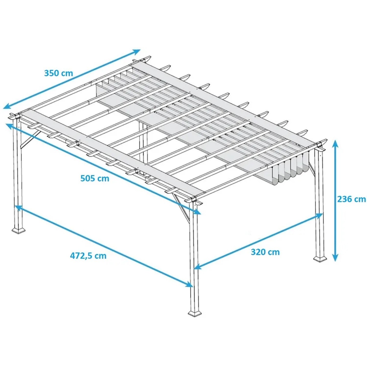 Skizze Pavillon Pergola Gazebo Florenz Wood mit Maßen, Sonnensegel teilweise geöffnet.
