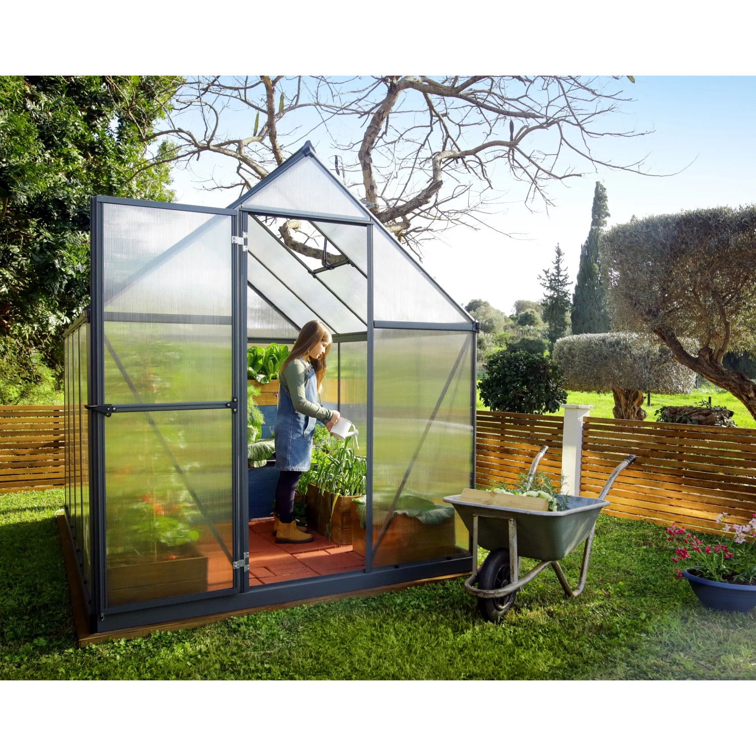 Graues Palram Canopia Gewächshaus (4,6 m²) mit Fundamentrahmen und Person bei der Bewässerung von Pflanzen.