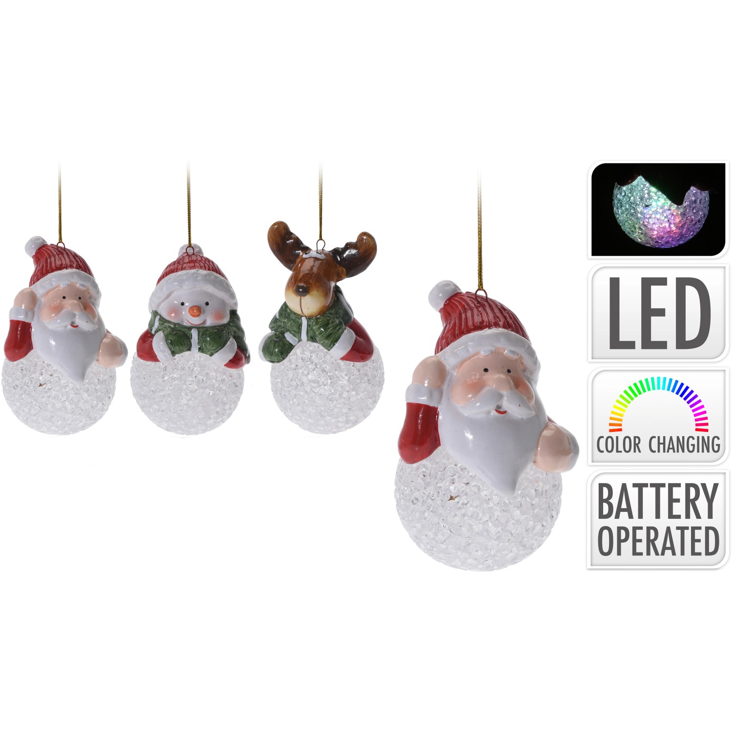 Hängende Weihnachtsfiguren mit LED, 3-fach sortiert: Weihnachtsmann, Schneemann und Rentier als Deko.