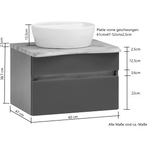 Held Möbel Einzelwaschtisch Trient, 61 cm, Grau Matt, mit Keramikbecken und zwei Schubladen.