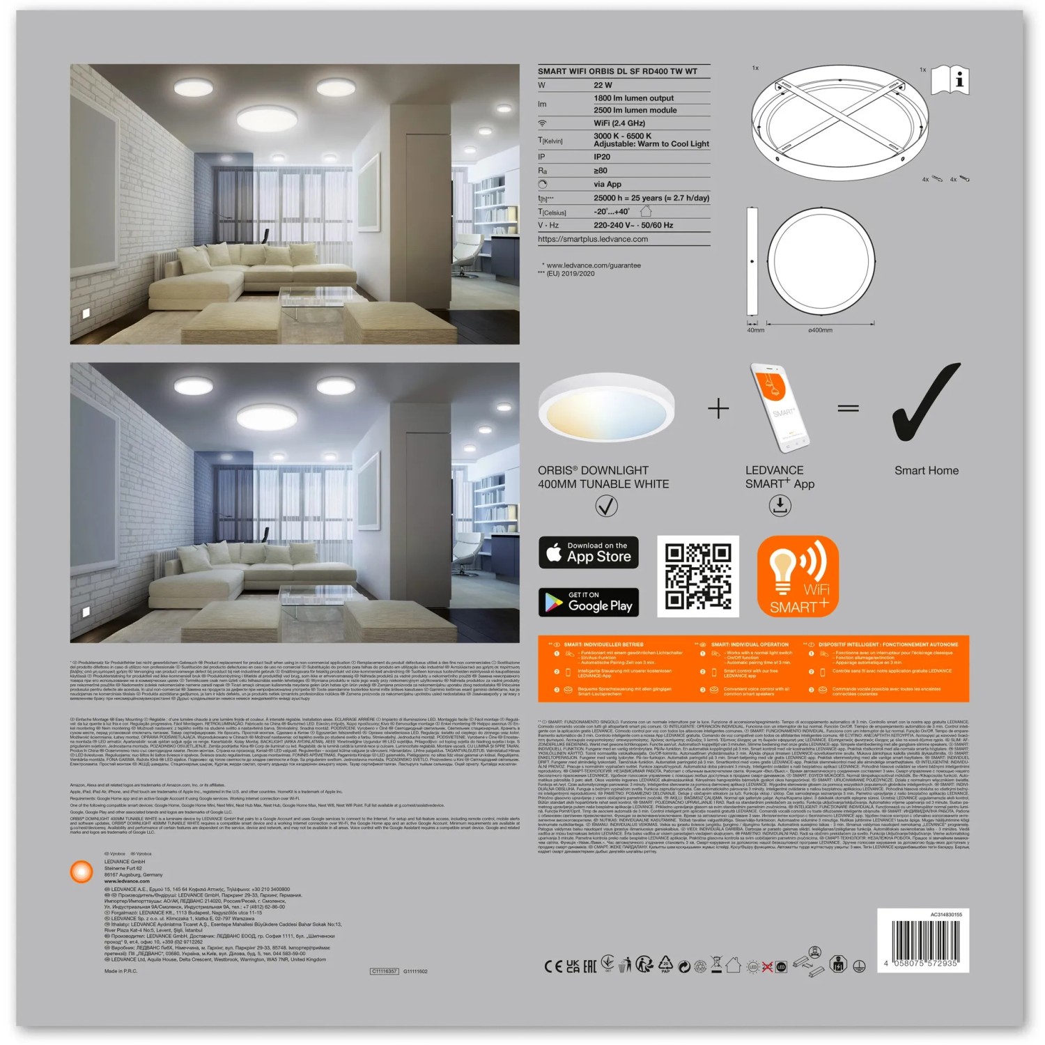 Ledvance Smart+ WiFi Einbauleuchte, rund, weiß, Ø 40cm, für smarte Beleuchtung im Innenbereich.