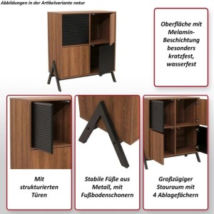 Kommode O40 in Natur: Holzfarbenes Sideboard mit schwarzen, strukturierten Türen und Metallfüßen.
