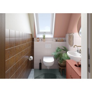 Badezimmer mit Alpina Wandfarbe Bad & Küche Rosenstaub, für feuchtraumgeeignete, farbige Wandgestaltung.