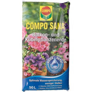 Sack Compo Sana Balkon- und Kübelpflanzenerde 50L mit Blumenmotiv. Spezialerde für Balkonpflanzen.