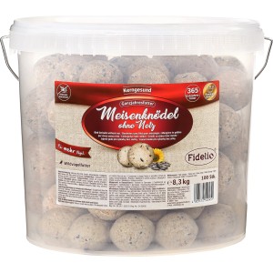 Eimer mit Fidelio Meisenknödel ohne Netz, 100 Stück, Wildvogelfutter.