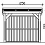 Technische Zeichnung des Skan Holz Holzunterstands Holm 1. Maße: 250 cm Breite, 216 cm Gesamthöhe. Ideal für Kaminholzregale.