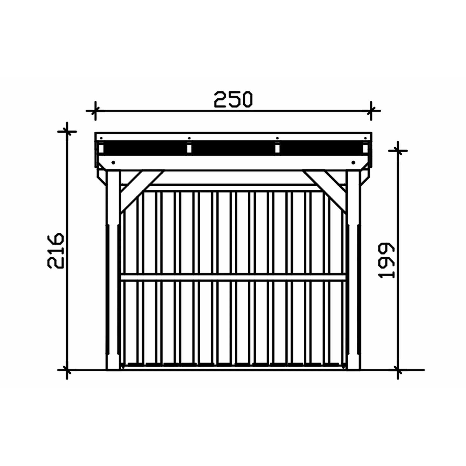 Technische Zeichnung des Skan Holz Holzunterstands Holm 1. Maße: 250 cm Breite, 216 cm Gesamthöhe. Ideal für Kaminholzregale.