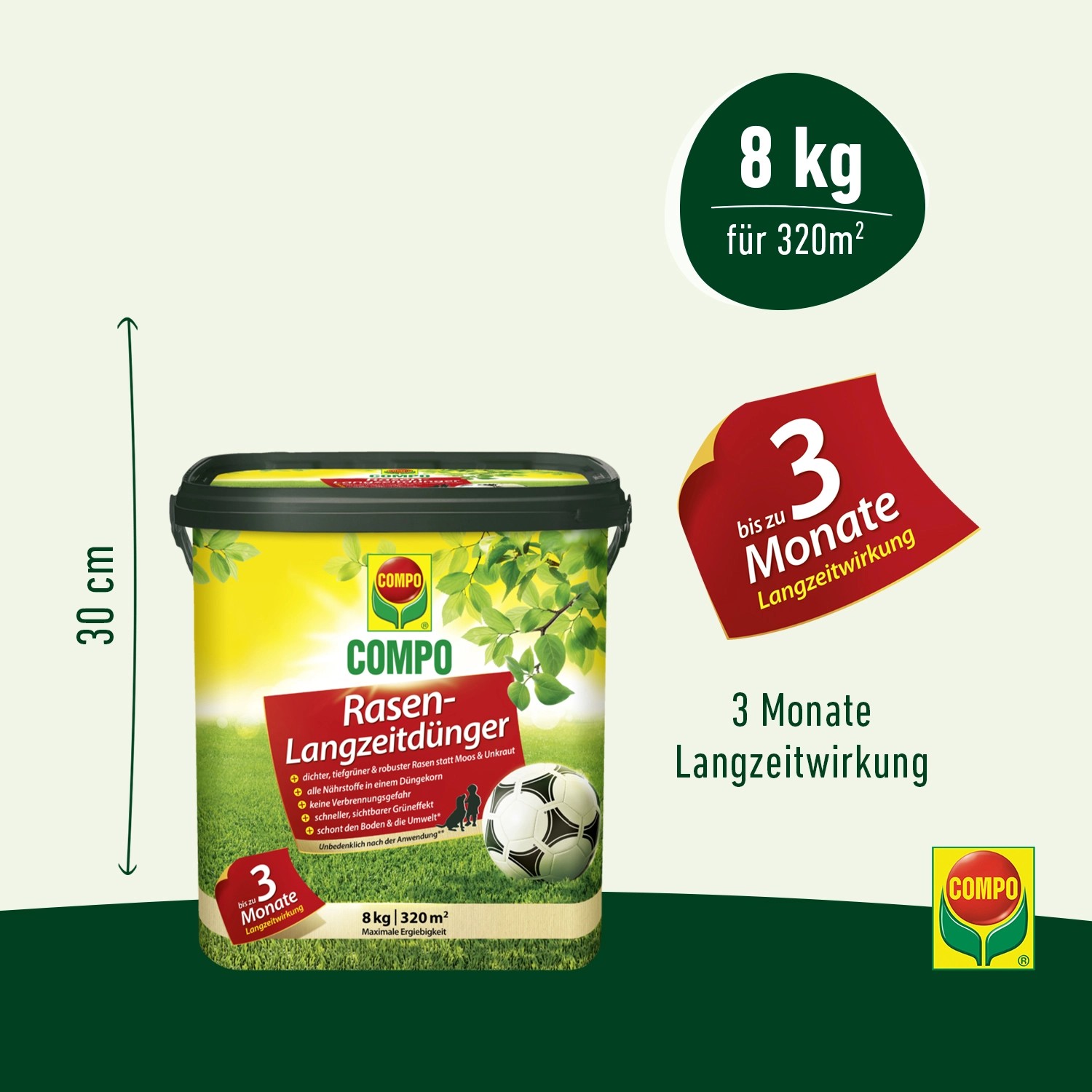 Compo Rasen-Langzeitdünger im 8 kg Eimer, geeignet für 320 m² Rasenfläche. Langzeitwirkung bis zu 3 Monate.