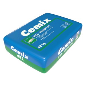 Sack Cemix Handputz H82, 40 kg, blauer Sack mit Produktinformationen. Trockenmörtel für Innen & Außen.