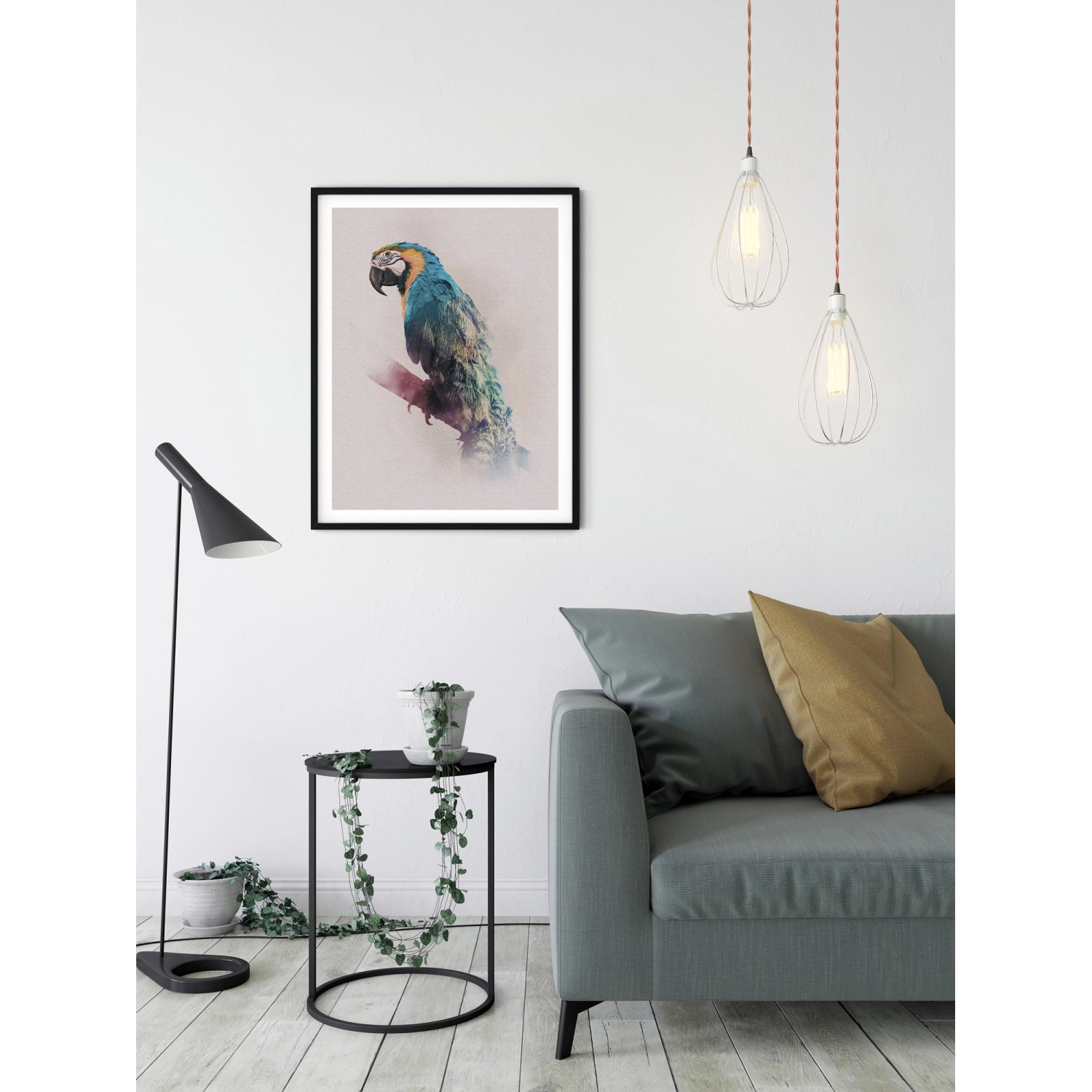 Wandbild Animals Paradise Parrot, 30x40 cm. Aquarell-Optik mit blau-gelbem Papagei auf Ast.