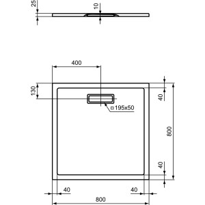 Technische Zeichnung: Ideal Standard Duschwanne Ultra Flat New, quadratisch, 80x80 cm.