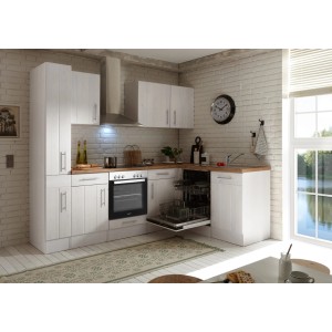 Respekta Premium Winkelküche 250 cm, Landhausstil, Lärche Weiß Nachbildung mit E-Geräten.