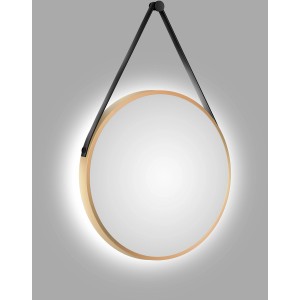 Runder LED-Lichtspiegel Silver Barbier Ø 50 cm mit goldenem Rahmen und Lederband.