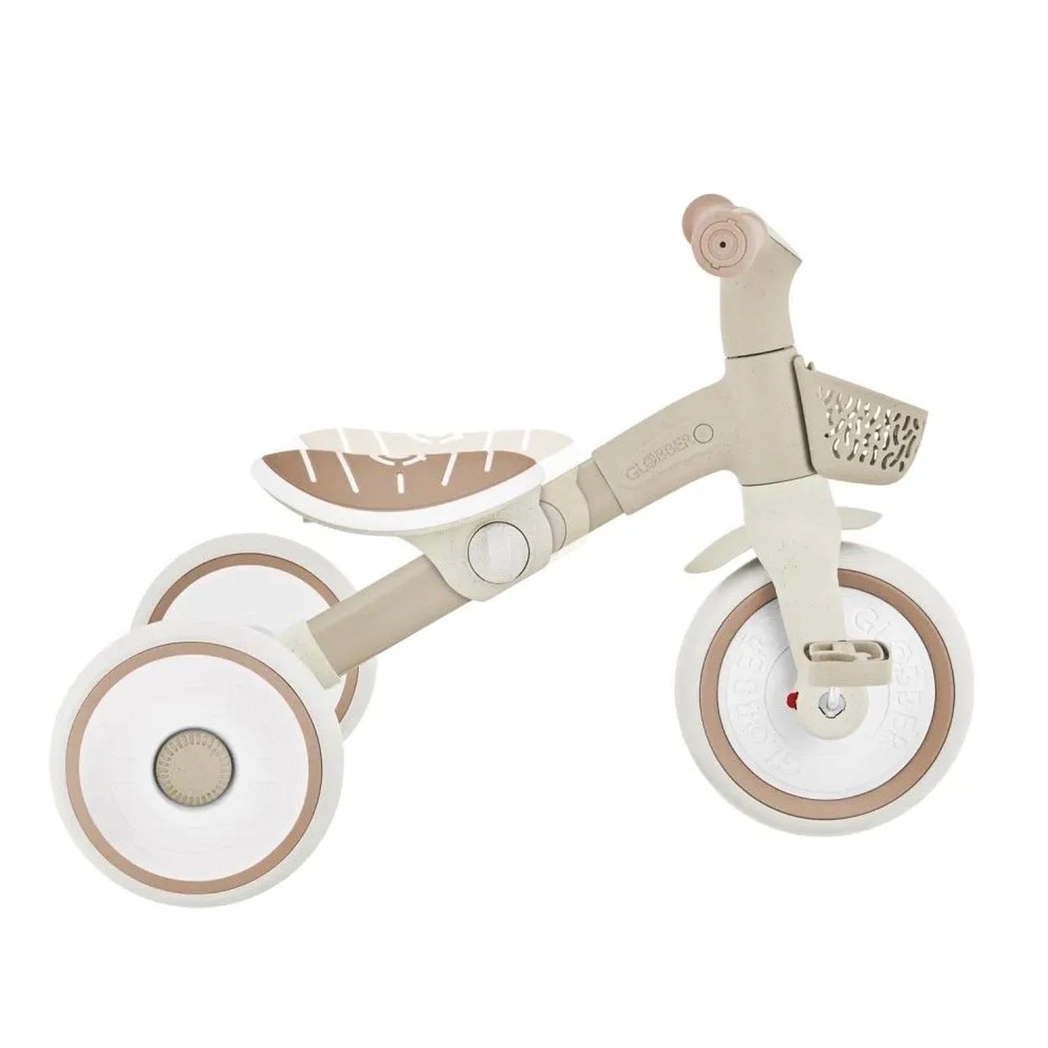 Globber Learning Trike 2in1 Plus Dreirad in Taupe. Höhenverstellbares Kinderfahrzeug mit Sattel, Körbchen und Rädern.
