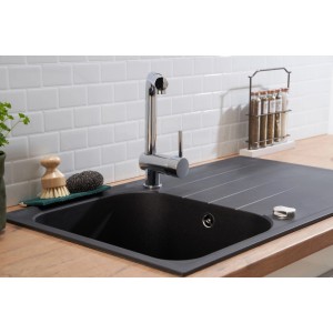Respekta Orlando Massivgranit-Einbauspüle, 86x50 cm, Schwarz. Spüle mit Abtropffläche und Armatur.