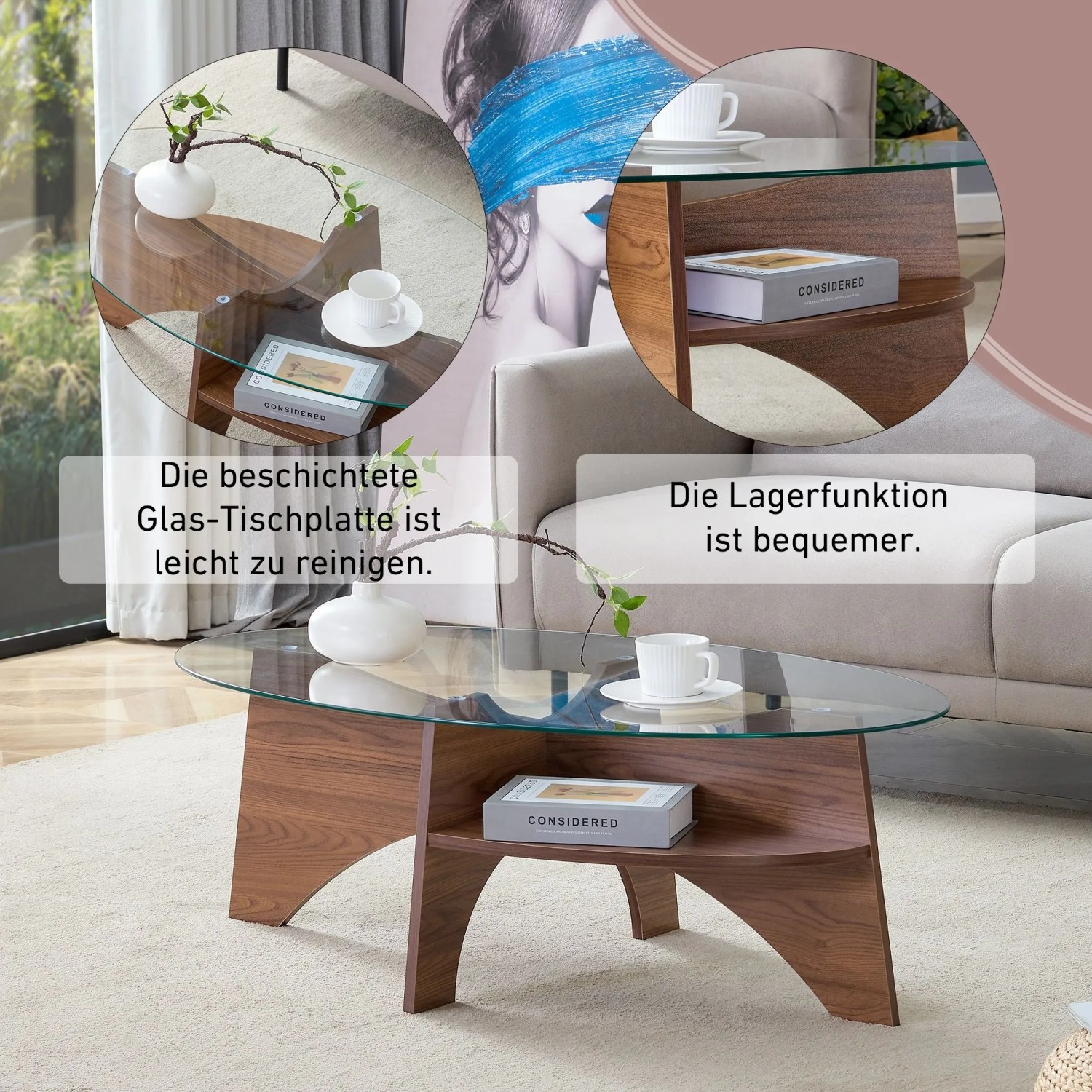 okwish Beistelltisch mit Sicherheitsglas Fächerförmiges Gestell Esszimmer Büro 105x60x35cm Braun_8