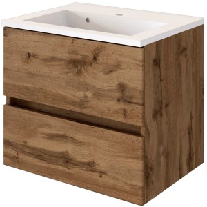 Held Möbel Einzelwaschtisch Verona 60 cm Eiche Natur Matt mit zwei Schubladen und weißem Waschbecken.