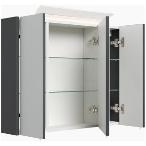 Grafitfarbener Posseik Spiegelschrank 80 cm mit offenen Türen, LED-Lampe und Glasböden für das Bad.
